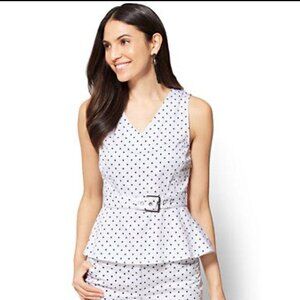 NY & Co 7th Ave Sleeveless B & W Polka Dot V Neck Peplum Top w/ Belt, Large, NWT